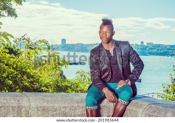 Man Relaxing Outside Dressing Black Blazer Stock Photo Edit Now