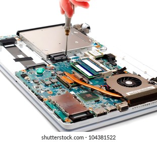 Man Repair Laptop Motherboard With Screwdriver