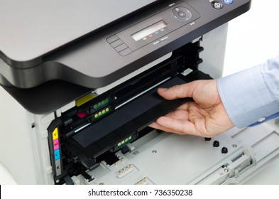 Man Replacing Toner In Laser Printer. Toner Printer Cartridge Print Laser Office Supplies Refill Concept