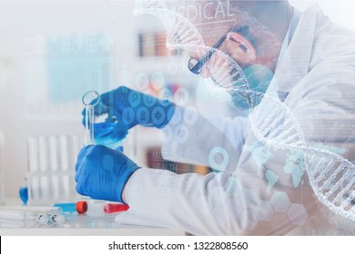 Man Researcher Carrying Out Scientific Research Lab Pharma Biomedic Chemical Genetic Biotechnology