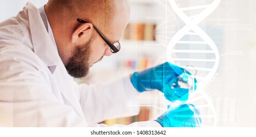 Man Researcher Carrying Out Scientific Research Lab Pharma Biomedic Chemical Genetic Biotechnology