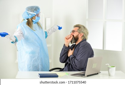 Man In Respirator Mask Call Doctor. Work On A Remote Site. Distance Learning. Infection Control Prevention Measures. Keep Your Distance. Remote-based Job. Online Shopping. Locked Down At Home.