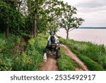 a man rides an ATV in the forest near a cliff of the Volga River, her dogs are running nearby