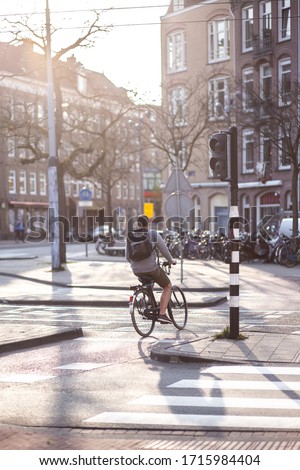 a man rides a bicycle in the road in Amsterdam in the rays of the sunset sun. Back view. Vertical