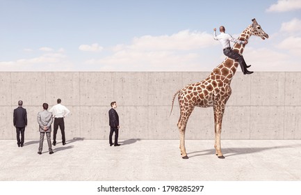 Man Rides A Giraffe To See Beyond The Wall. Concept Of Out Of The Box Thinking.