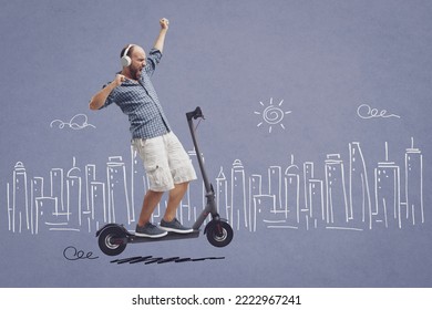 Man riding a scooter hands free and dancing, sketched city in the background