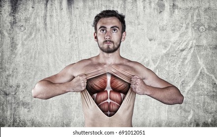 Man Ripping Off His Chest Skin To Show Off Muscle Anatomy.