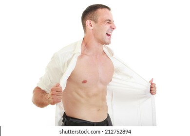 Man Ripping Open His Shirt Showing Chest And Naked Torso, Man Tearing Off His Shirt Yelling With Strong Expression