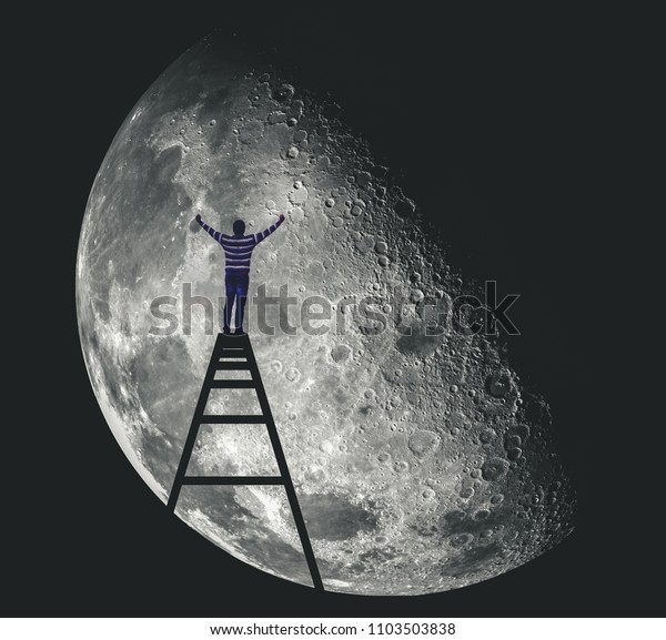 man rising hands\
under the moon / Night sky landscape with moon and stars / This\
Image Furnished by NASA\
