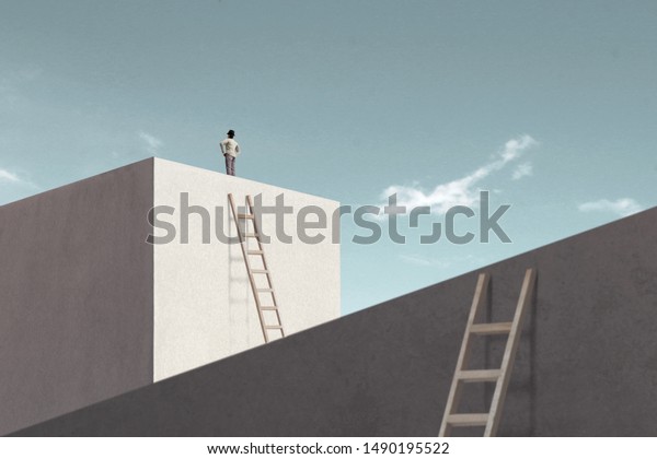 Man Rising Stairs Reach Top Minimalist Stock Photo (Edit Now) 1490195522