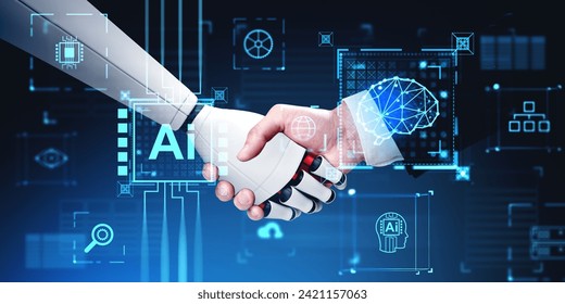 Man and robot handshake and digital hologram with AI brain, diverse futuristic technologies icons. Artificial intelligence and virtual assistant. Concept of machine learning and innovation