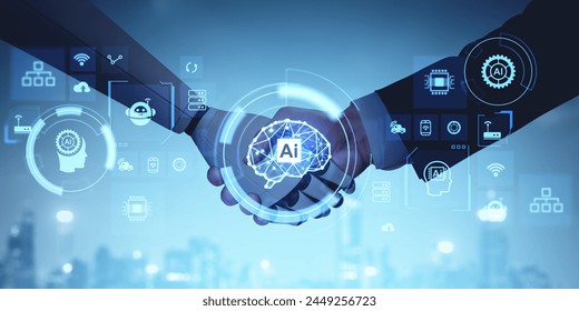 Man and robot handshake and digital hologram with AI brain, diverse futuristic technologies icons. Artificial intelligence and virtual assistant. Concept of machine learning and innovation - Powered by Shutterstock - Get 15% off with code: PIKWIZARD15