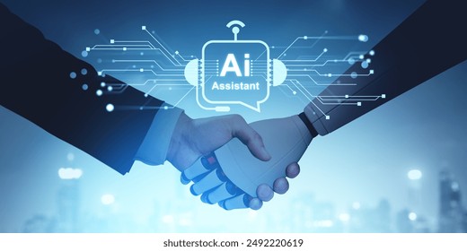 Man and robot handshake, glowing AI assistant hologram hud and digital circuit lines. Concept of business innovation, robot communication and partnership - Powered by Shutterstock