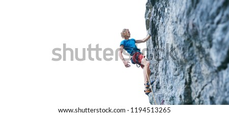 man rock climber with long hair. side view of young man rock climber in bright red shorts resting while climbing the challenging route on the cliff on the white background.