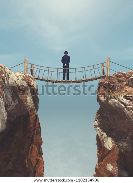 Man rope passing over a bridge\
suspended between mountains. This is a 3d render\
illustration.