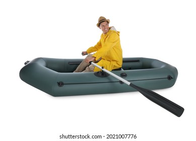 Man Rowing Inflatable Rubber Fishing Boat On White Background