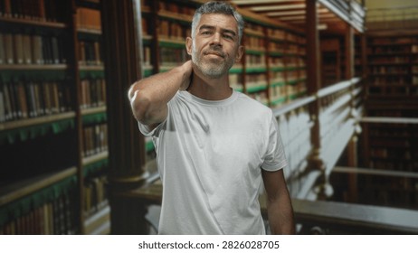 Man rubbing neck in a library between tall bookshelves, wearing a white tshirt and wincing with hand pressed to back of neck; discomfort.