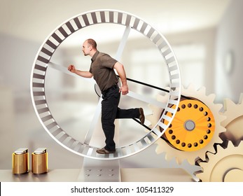 Man Run On Hamster Wheel