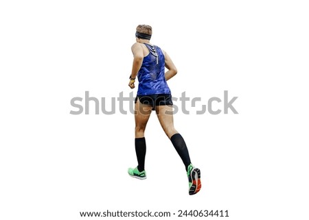 man runner in compression socks running marathon isolated on white background