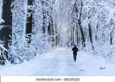 Man Running In The Forest In Winter Time