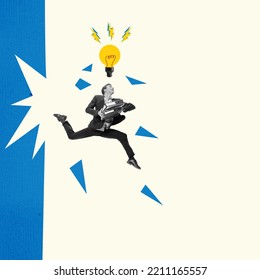 Man running with light bulb. Idea, innovation, creativity, solution concept. Businessman having a good idea for a business. Contemporary creative art collage or design. Thought process, ingenuity - Shutterstock ID 2211165557