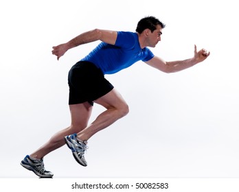 man running on studio white isolated background