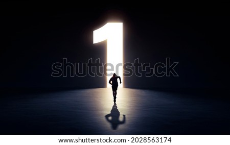 man running to an open door in shape of number one. concept leader winner of business