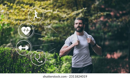 Man running in the park. Healthy runner with smart fit watch. Technology, training, health concept. - Powered by Shutterstock