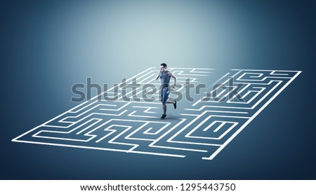 Man running through the middle of a labyrinth. The concept of shortcut and working smart. 