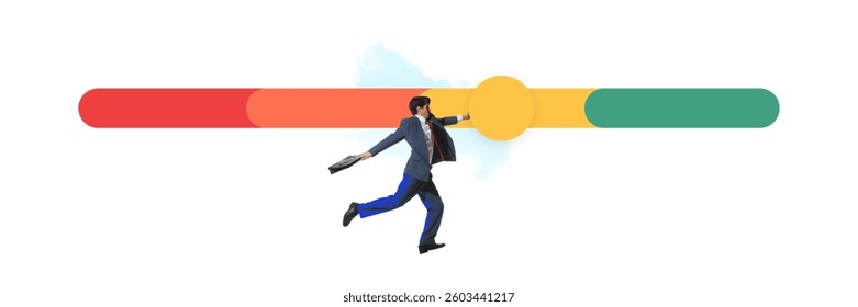 Man running through scale bar. Satisfaction scale driven by client reviews and brand performance metrics. Conceptual design. Evaluation, progress, service quality, user influence, testimonials concept
