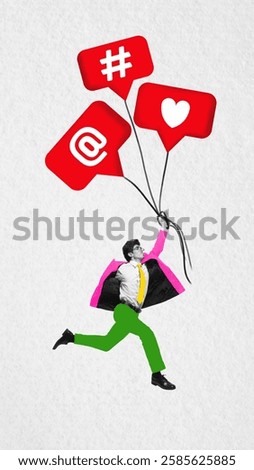 Man running while holding strings attached to red social media icons as balloons against white background. Digital influence and online identity. Concept of social media, networking, communication