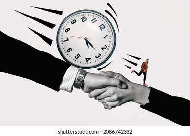 The man runs away from the clock that follows him. Time management and deadline concept