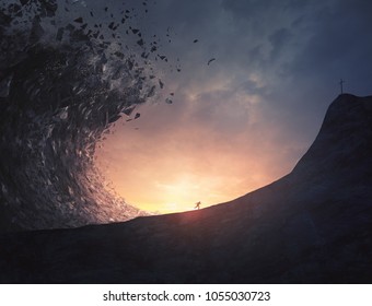 A man runs away fast from a large rock tsunami and towards a cross.