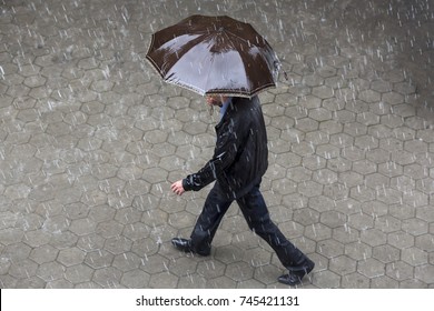 A Man Runs In The Rainy Weather With Hir Brown Umbrella. Raining Like Cats And Dogs. Bad Weather. Climate Change.