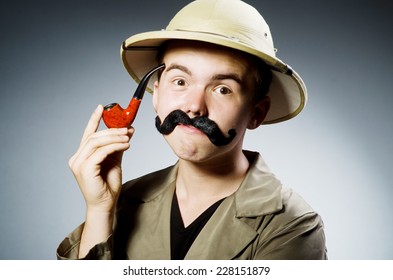 Man In Safari Hat In Hunting Concept