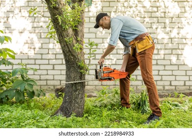 man sawing branches with a chainsaw. Concept of a professional logging - Powered by Shutterstock