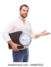 Man with scale weight showing empty copy space on white background