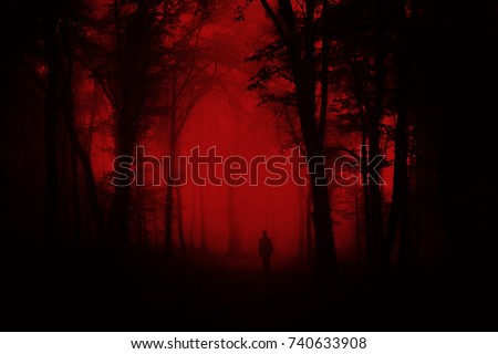 man in scary forest, dark horror landscape, halloween background