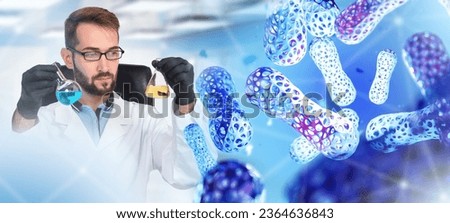 Man is scientist. Biologist with test tubes. Probiotic cells. Biologist studies actions of microorganisms. Biologist synthesizes beneficial bacteria. Scientist man studying probiotics.