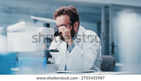 Man, scientist or microscope with glasses in laboratory for medical research, investigation or exam. Male person, biotechnology or experiment with test for forensic study, clinic trial or results