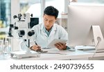 Man, scientist and tablet with notes in lab for medicine research, information and experiment results of studying. Male person, digital and writing checklist, medical analysis and pharmaceutical data