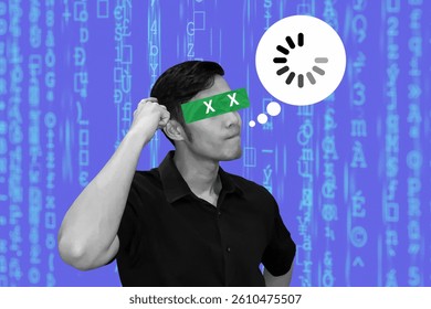 Man scratching his head with loading icon on thought bubble, symbol of confusion and processing information. Binary number background, modern technology concept