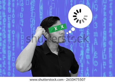 Man scratching his head with loading icon on thought bubble, symbol of confusion and processing information. Binary number background, modern technology concept