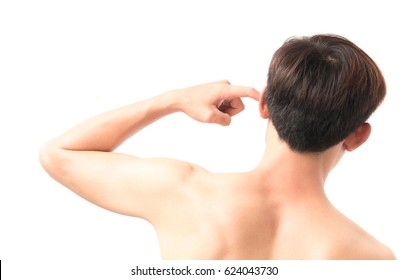 Man Scratching An Itch Ear With Finger On White Background, Health Care And Medical Concept