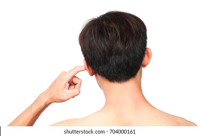 Man Scratching An Itch Ear With Finger On White Background, Health Care And Medical Concept