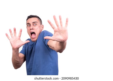 Man screaming as doing stop sign with hands