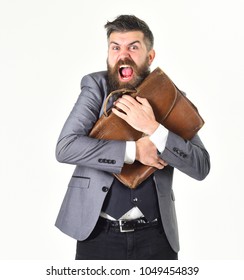 Man Screams And Hugs His Briefcase With Greedy Face.