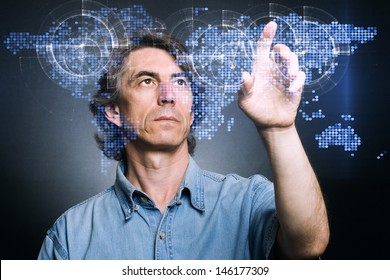 man at the screen with a map.