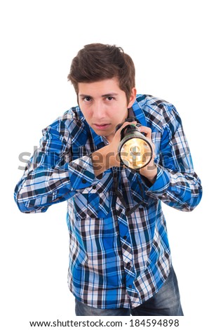 Man searching with flashlight on a white background