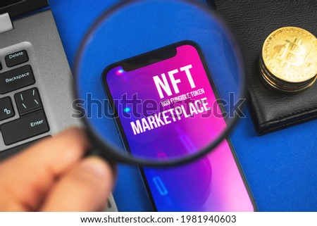 Man searching for NFT cryptoart marketplace, future of art with non-fungible token, crypto currency and blockchain tecnology background photo